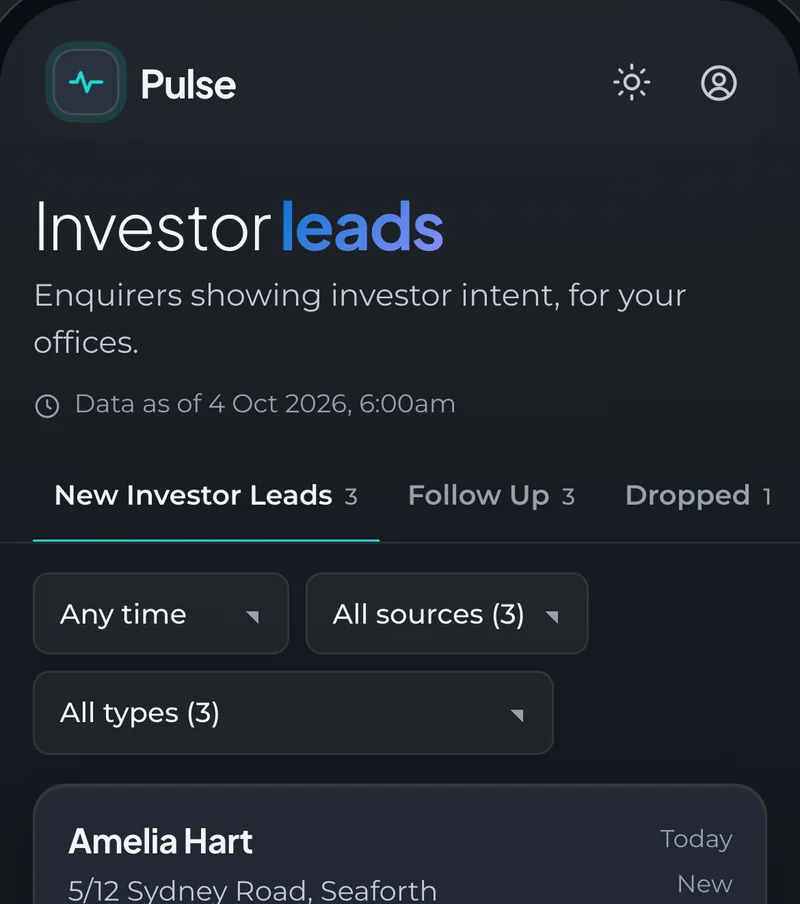 Pulse on a phone: Investor leads — enquirers showing investment intent, sorted by status, one tagged AI Buyer Match