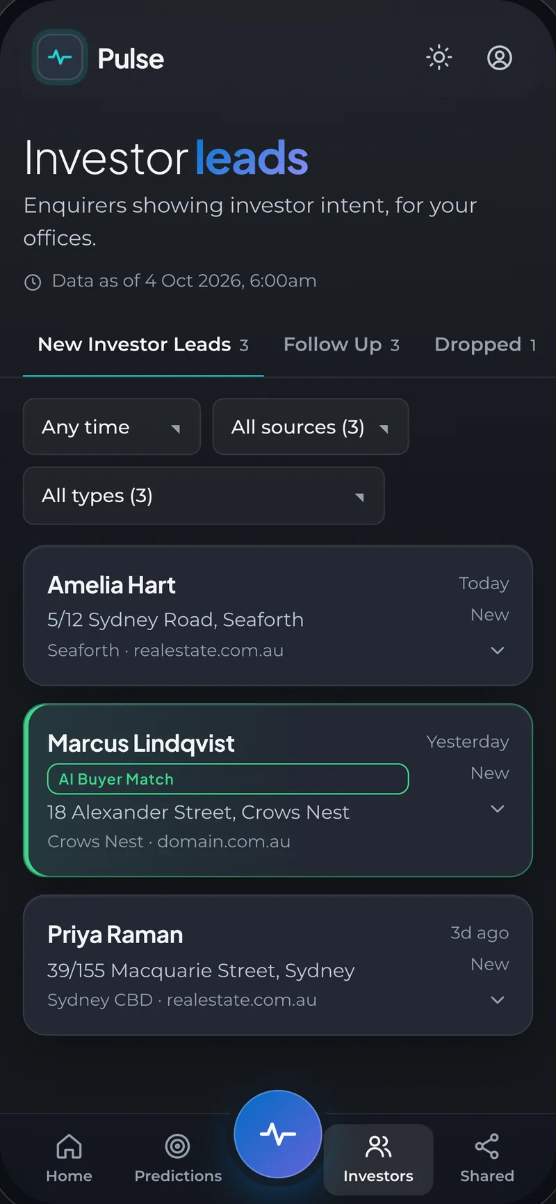 Pulse on a phone: Investor leads — enquirers showing investor intent, sorted into new, follow up and dropped, each with the property they asked about