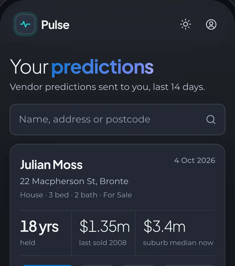 Pulse on a phone: Your predictions — potential vendors with years held, last sale price and the suburb median, and buttons to call, text or email